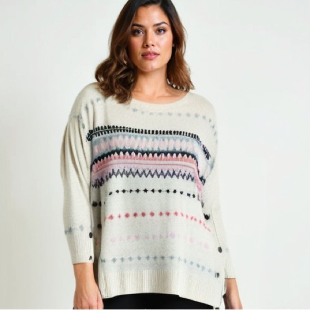 Caslon Cream Fair Isle Crew Neck Button Side‎ Long Sleeve Sweater - XL
